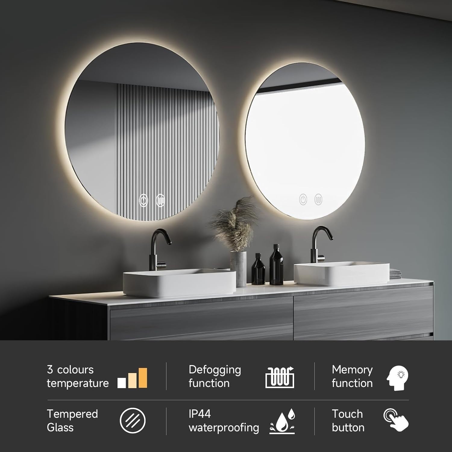 LED Round Bathroom Mirror 50cm Wall Mounted Anti-Fog Light Touch Sensor