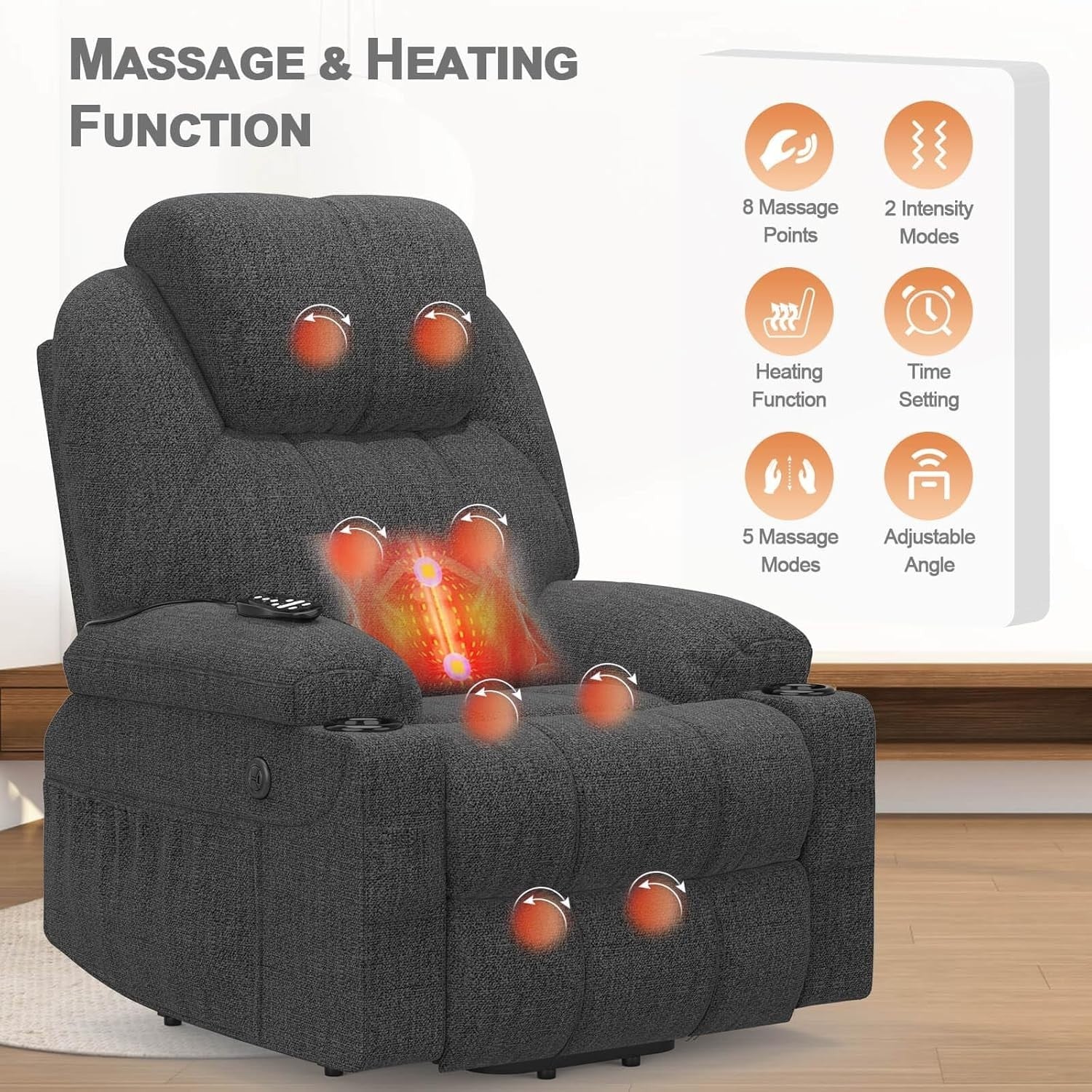 Set of 2 Lift Recliner Chairs Massage Heat USB-C Footrest Cup Holders Deep Grey