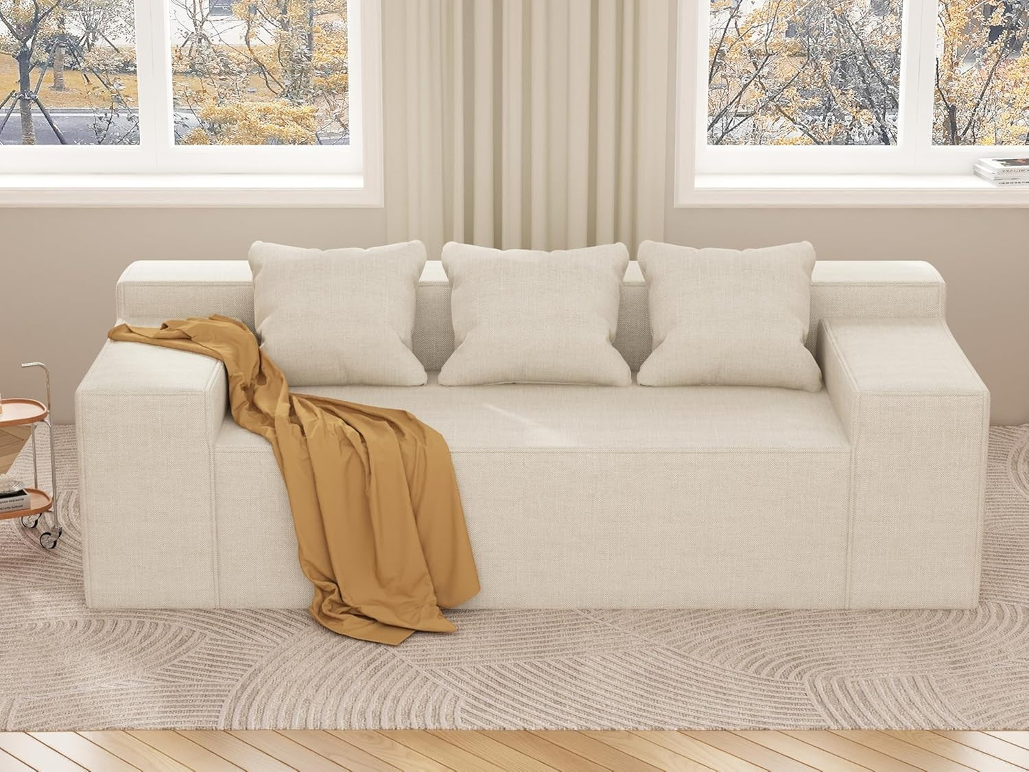 Beige Sofa in a Box 3 Seater Fabric Couch Small Space No Assembly
