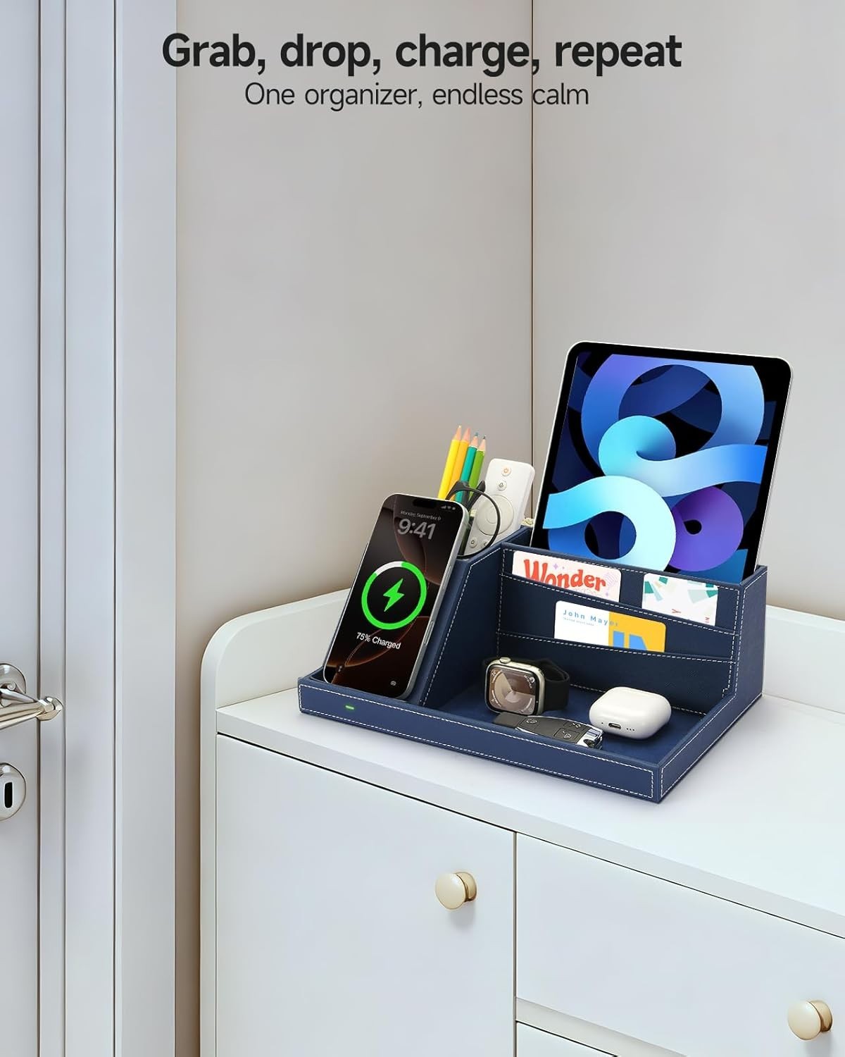 Desk Organizer with Wireless Charger, Bedside Tray, 5 Compartments