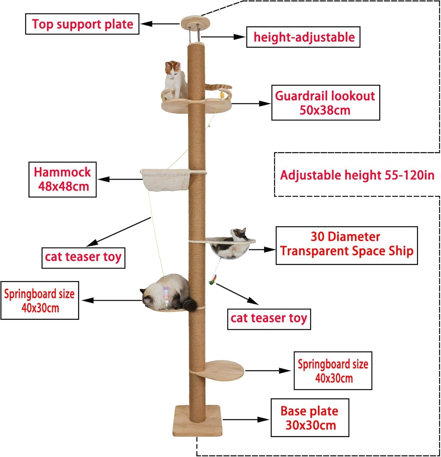 Floor to Ceiling Cat Tree Adjustable 50–120in Tower Sisal Scratching Post