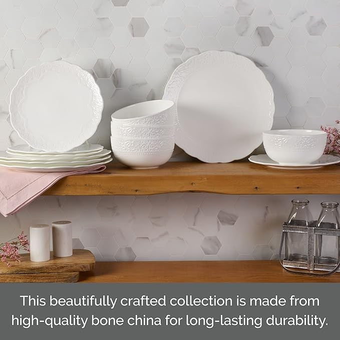 12pc White Bone China Dinnerware Set Chip Resistant Plates Bowls for 4