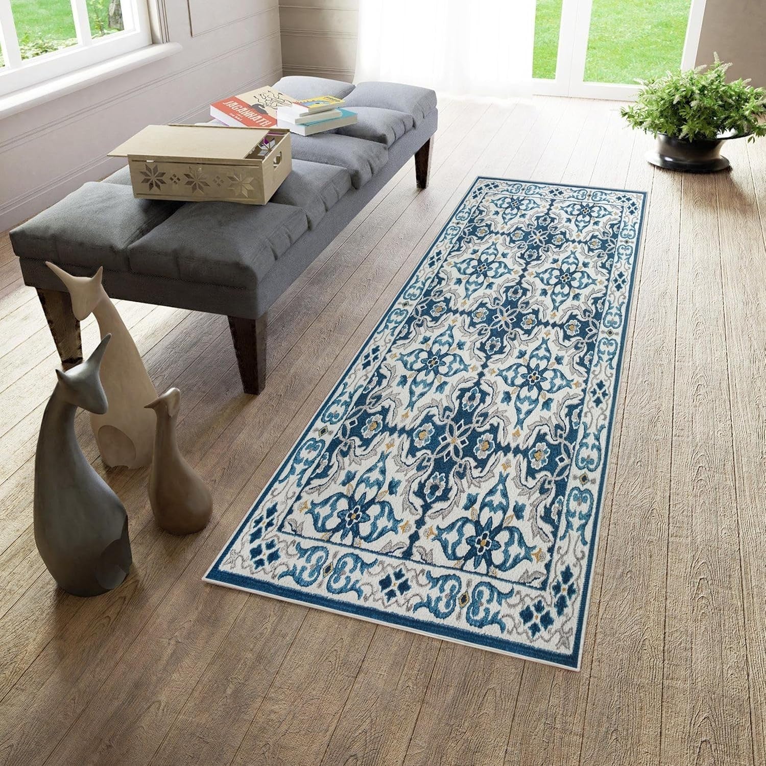 Blue Runner Rug 80x300cm Non Slip Hallway Low Pile Traditional Carpet