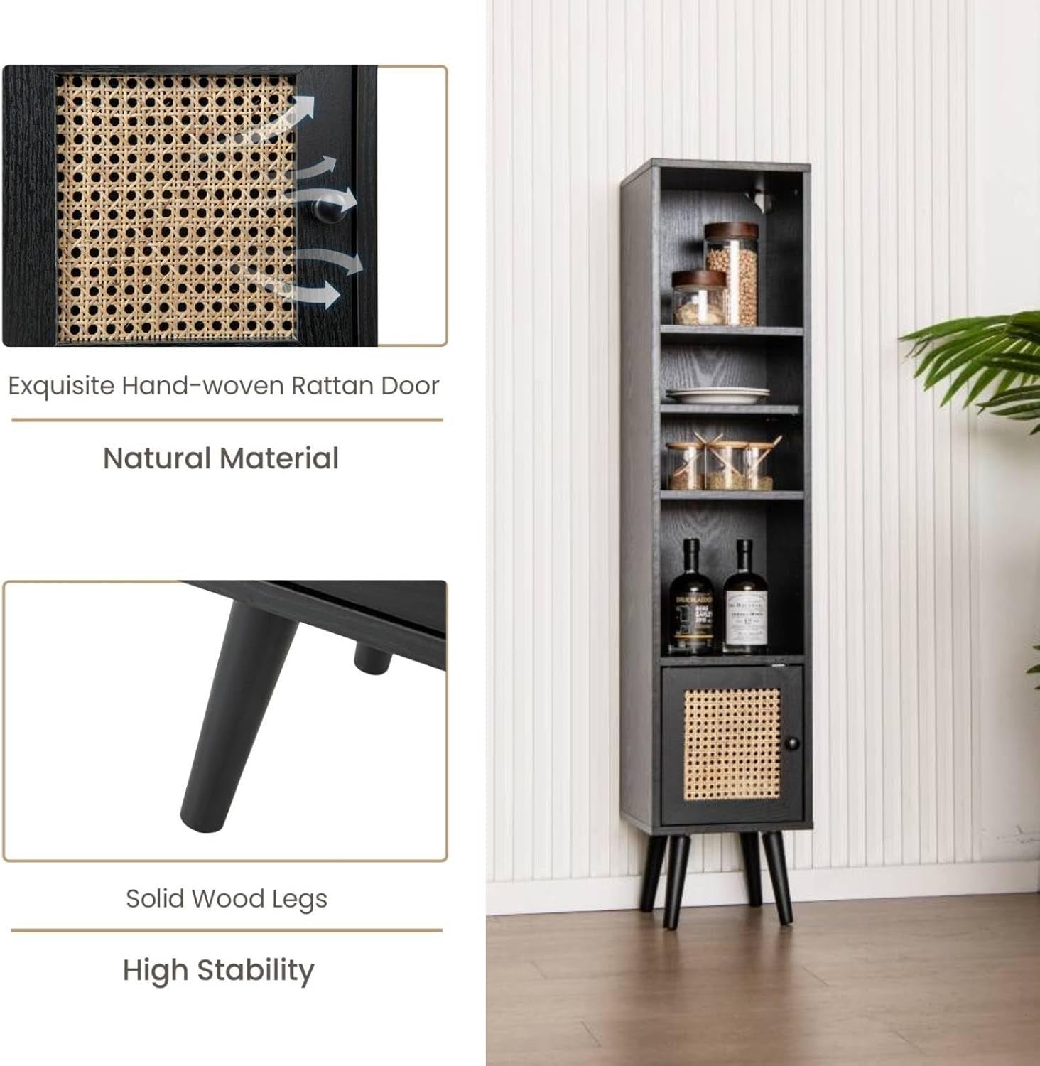 Slim Tall 6-Tier Bookcase with Cabinet Modern Black Storage Shelf Unit