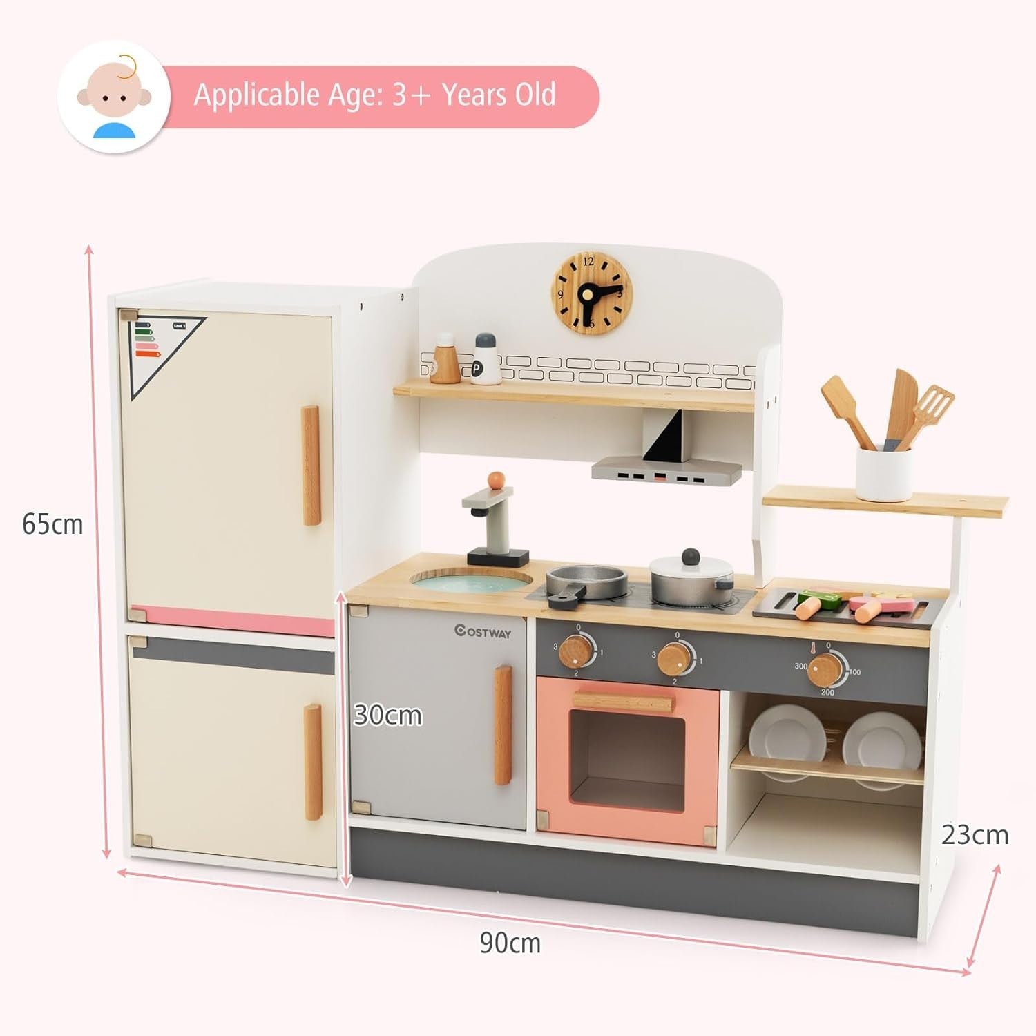Wooden Kids Play Kitchen BBQ Grill Fridge Sink Toy Set Accessories