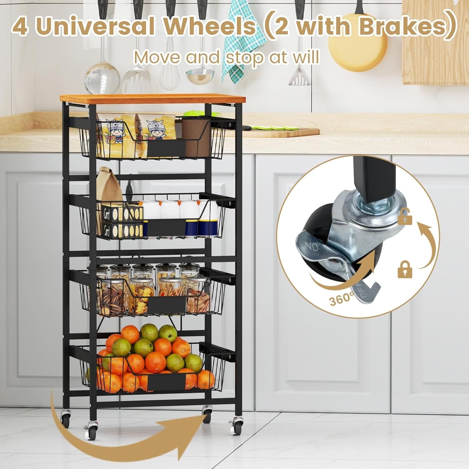 5 Tier Rolling Storage Cart Kitchen Trolley Mesh Baskets Wooden Top