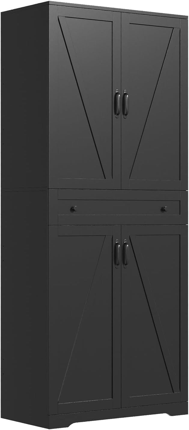 Black Kitchen Pantry Cupboard | Tall Sideboard Cabinet with Drawer & Shelves