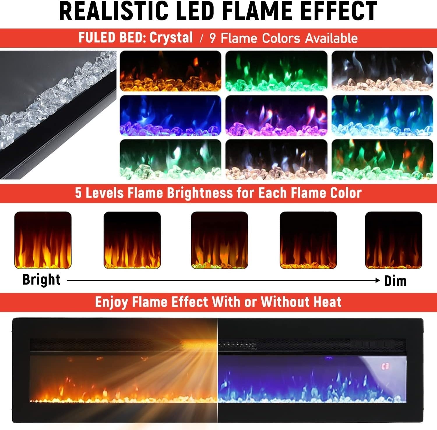 152cm Wall Mounted Electric Fireplace LED Flame Effect Thermostat Heater