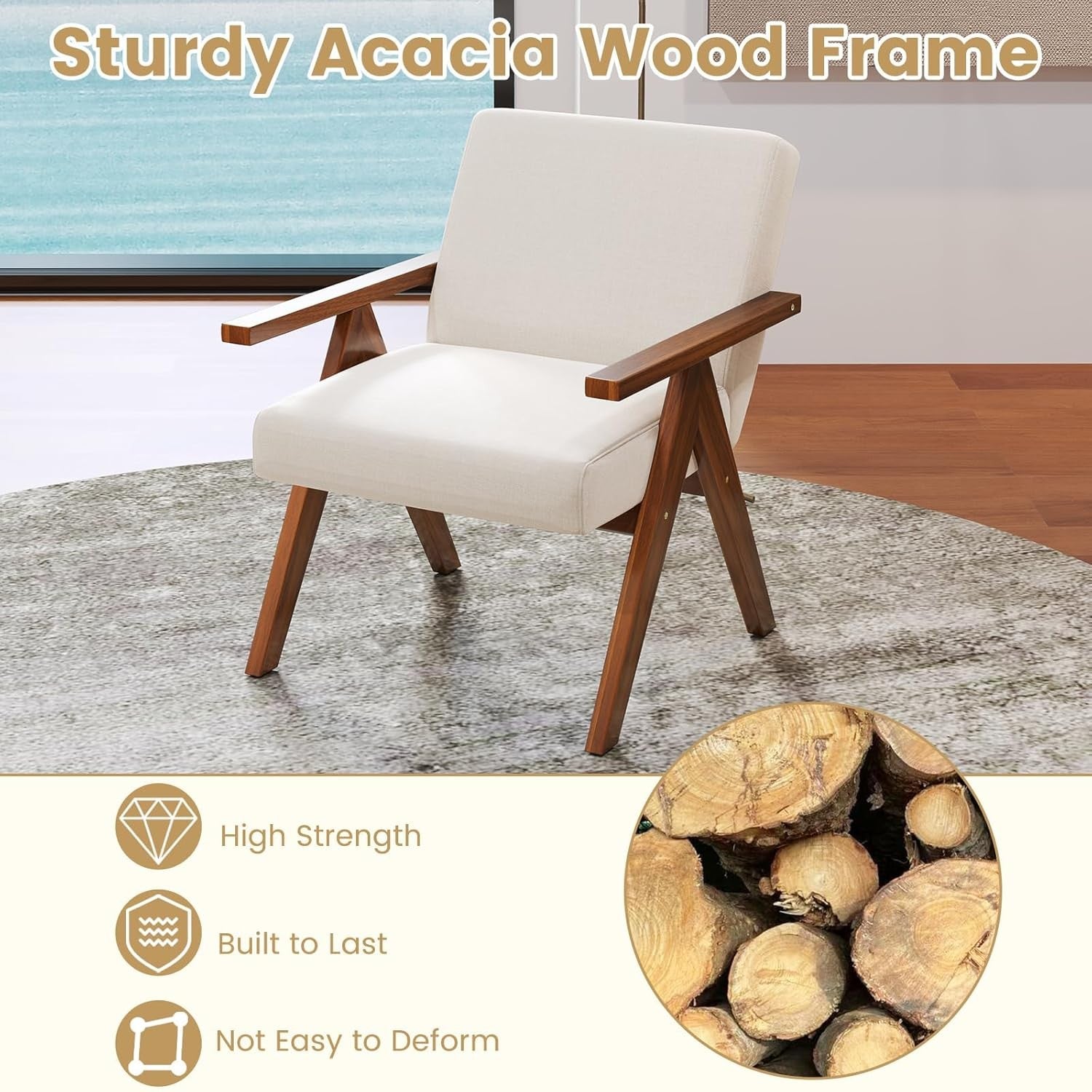 Beige Linen Accent Armchair Acacia Wood Frame Lounge Chair