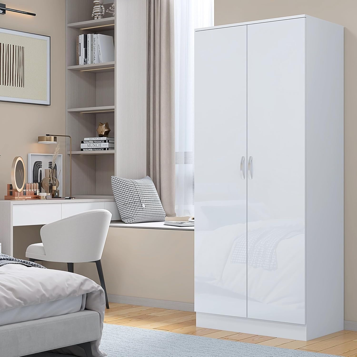 White High Gloss 2 Door Slim Wardrobe with Hanging Rail & Shelf 180cm