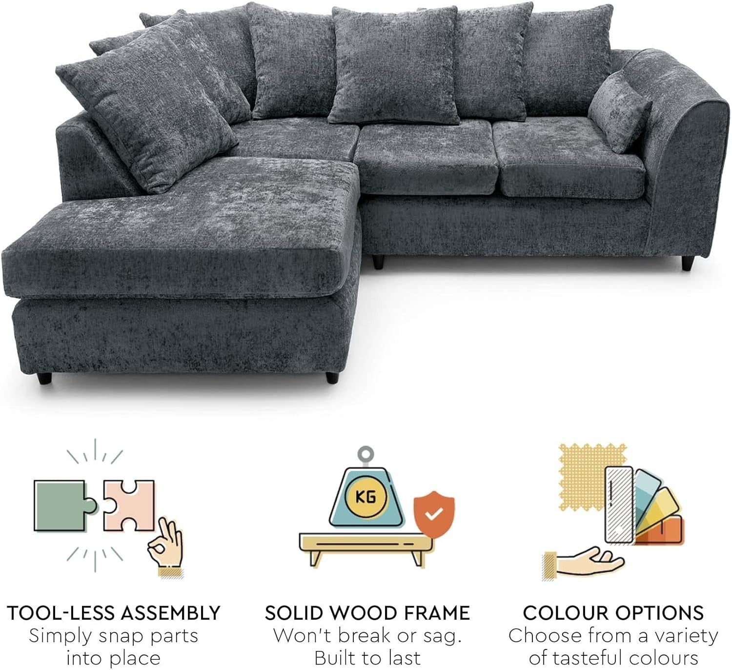 Dark Grey L Shaped Corner Sofa 5 Seater Crushed Chenille Velvet Couch