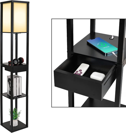 Floor Lamp with Shelves USB Charging Drawer Modern Reading Light Black