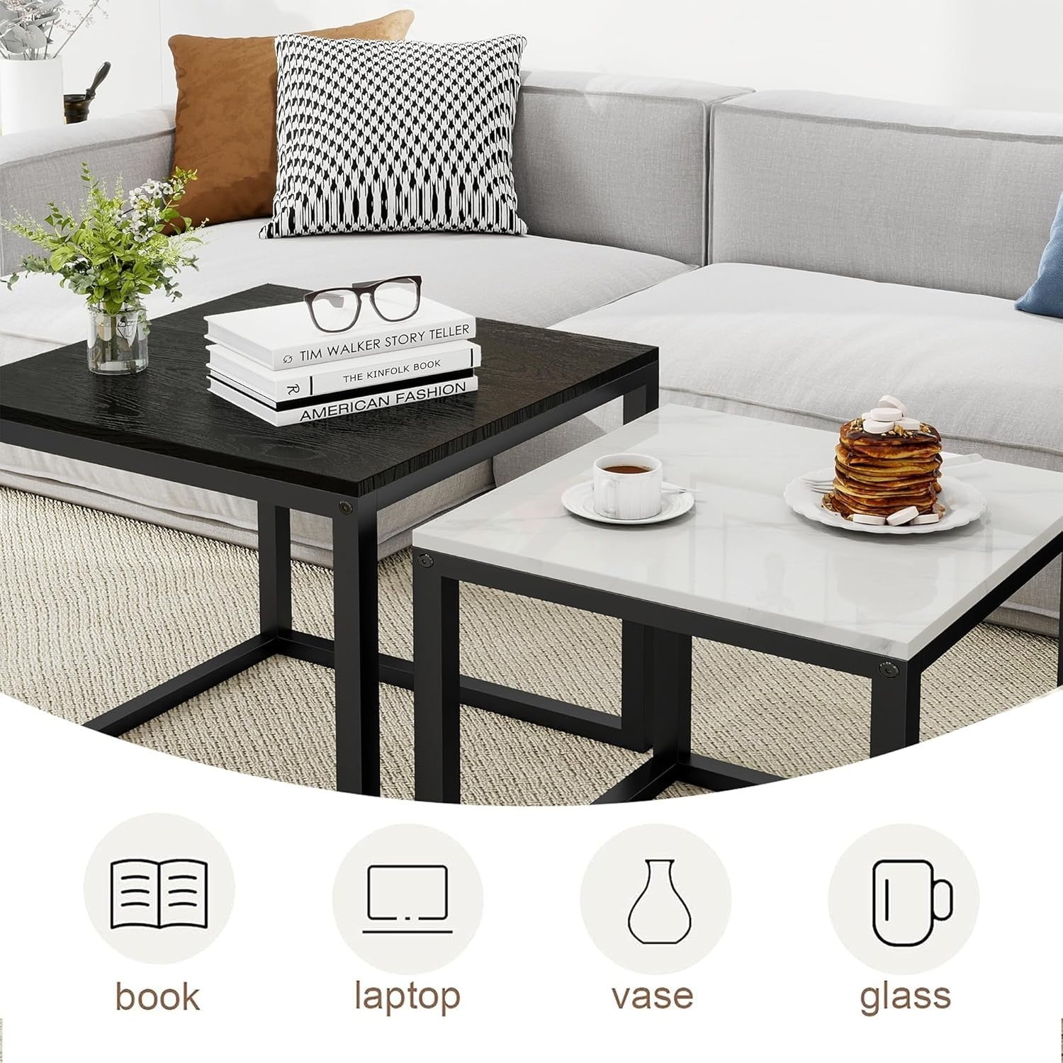 Modern Nesting Coffee Table Set 2 Black White Square Metal Wood Living Room