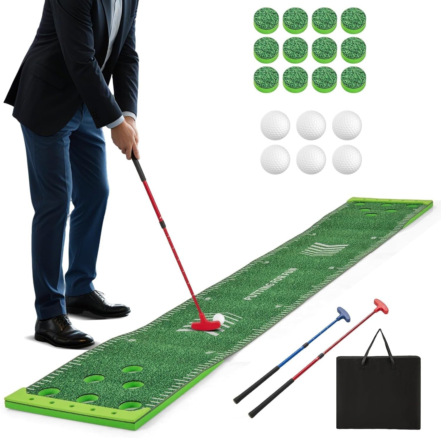 Indoor Golf Putting Green 11FT Practice Mat Set w/ Putters Balls Holes