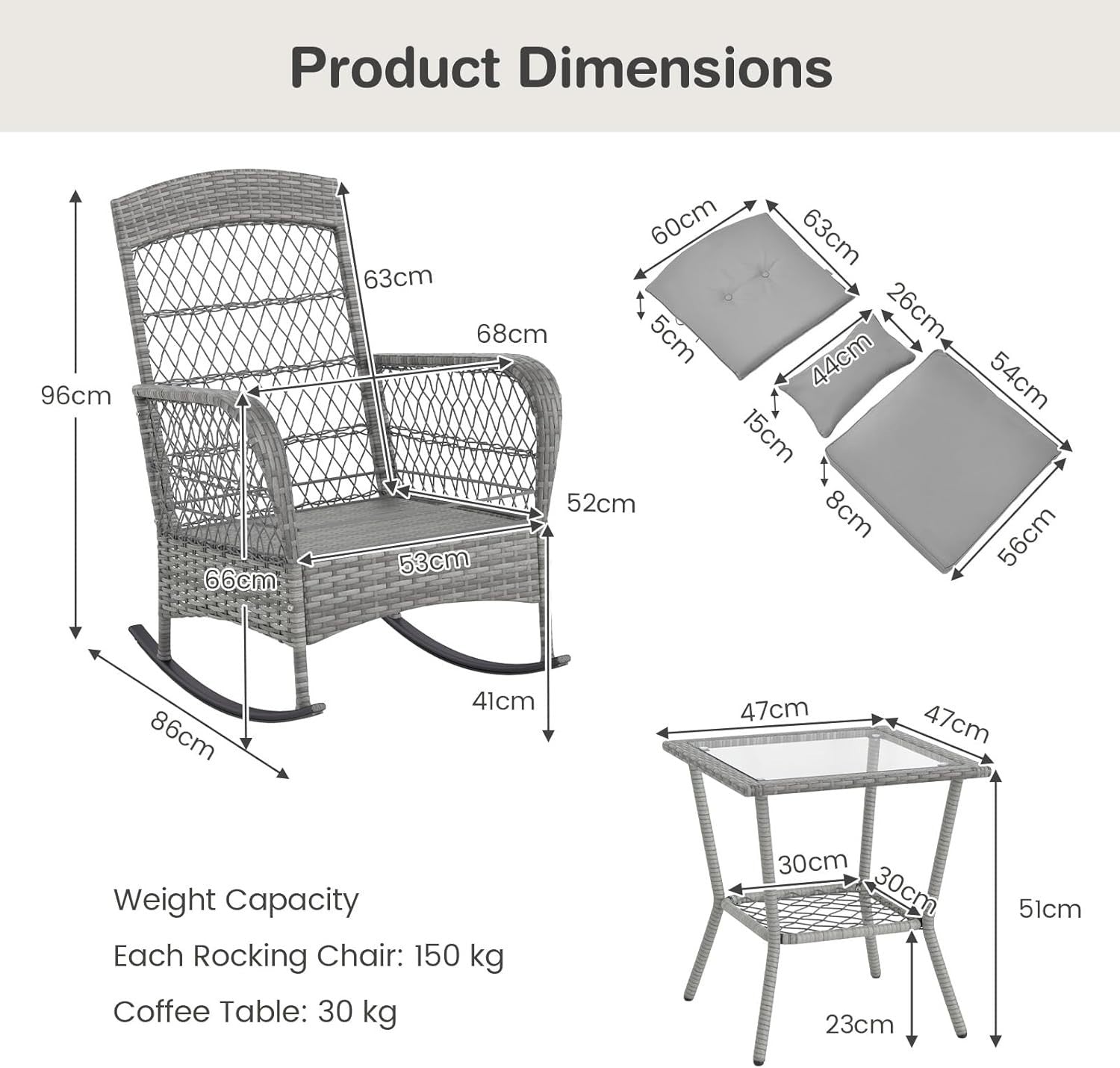 3pc Outdoor Rattan Rocking Bistro Set Cushioned Chairs Glass Table Patio