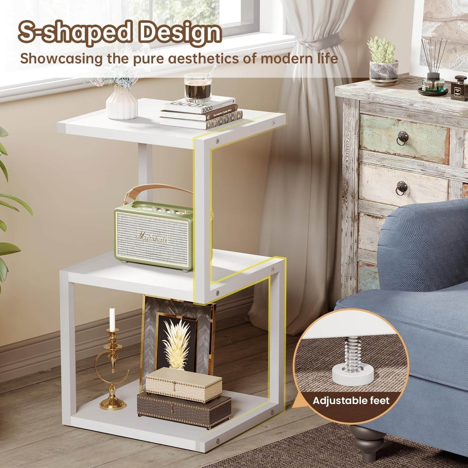 3-Tier S-Shape Side Table with Storage | White Nightstand 40x30x75cm