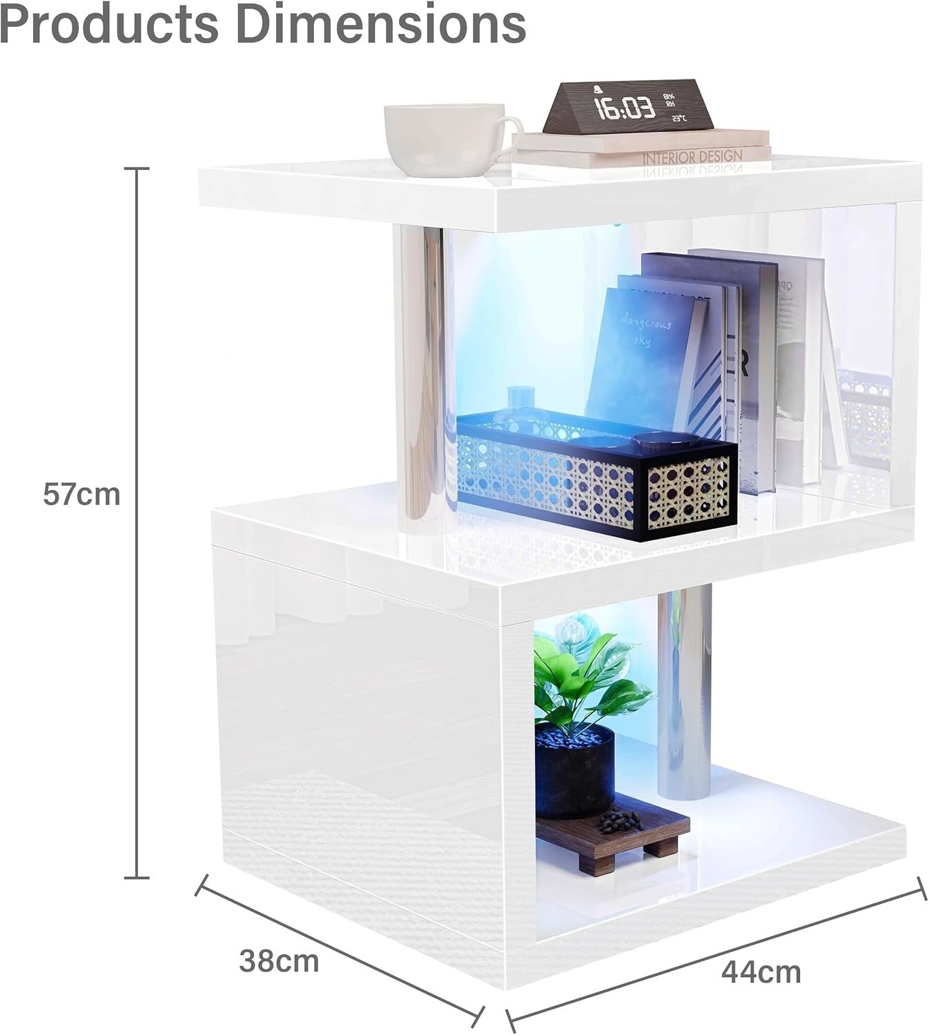 Modern S-Shaped LED Side Table with RGB Lighting & Storage Shelves 44x38x57cm