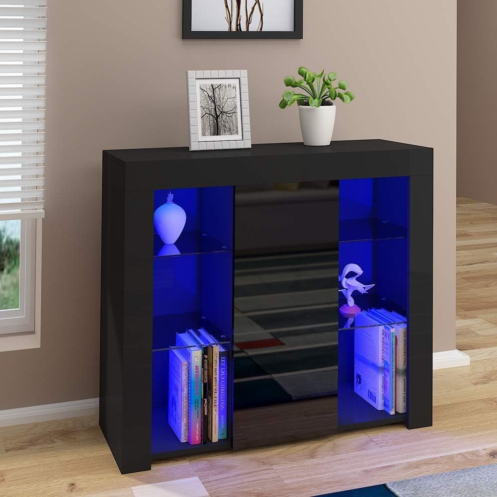Modern LED Sideboard Display Cabinet Glass Shelves Storage Unit Black