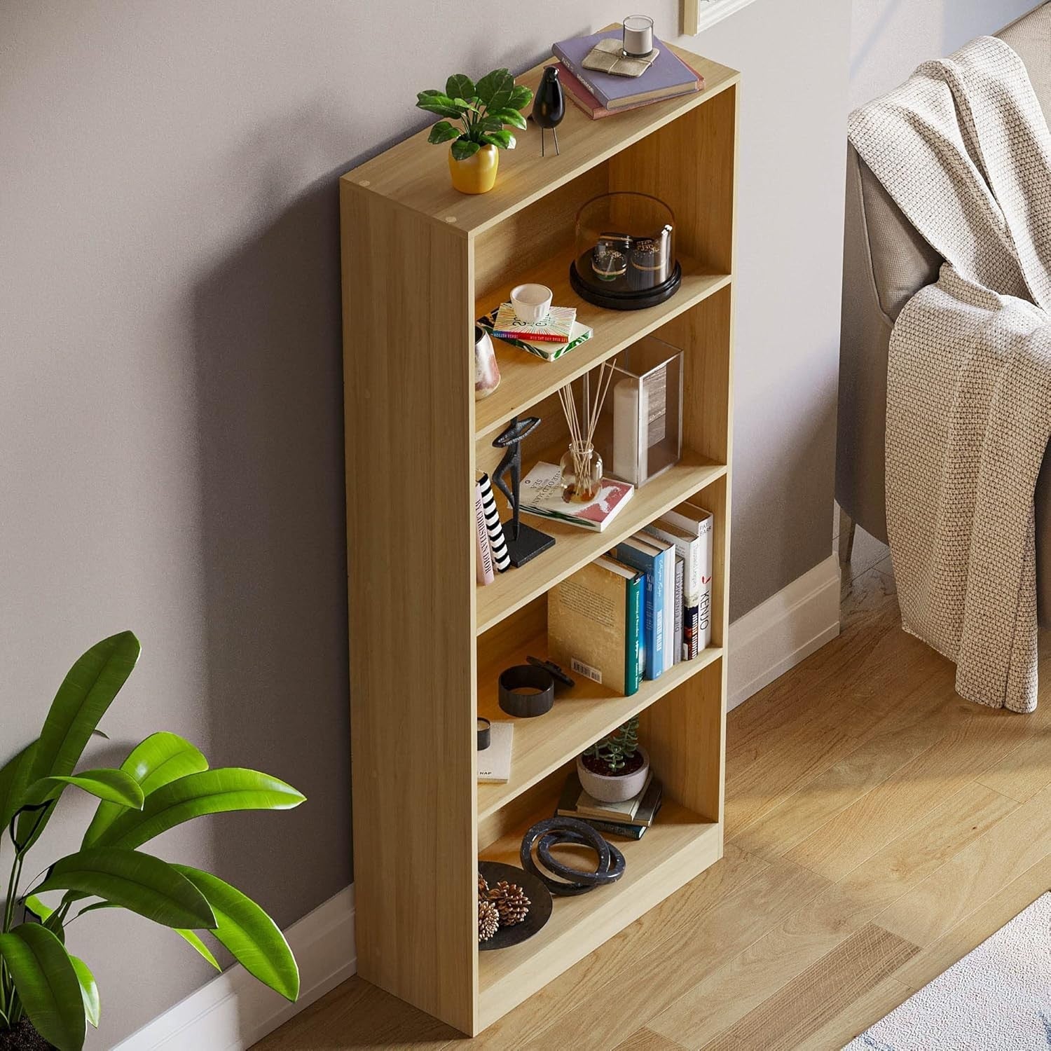 4 Tier Oak Wooden Bookcase Modern Storage Display Shelf for Living Room