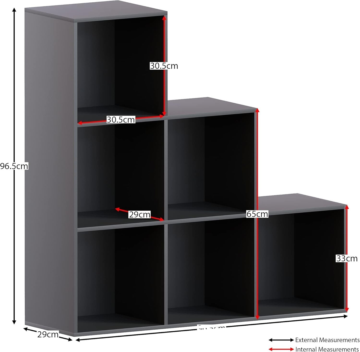 Black 6 Cube Staircase Storage Shelf + 3 White Baskets – Modern Bookcase Unit