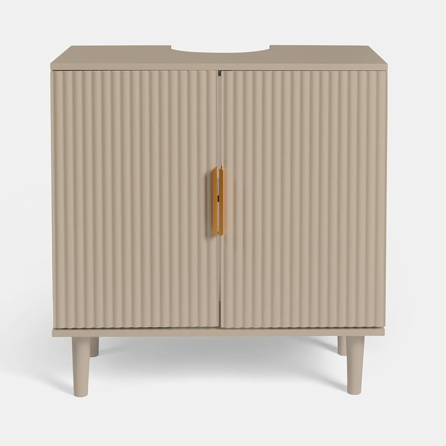 Taupe Under Sink Bathroom Cabinet Ribbed 2 Door Storage Cupboard 60x30x61cm