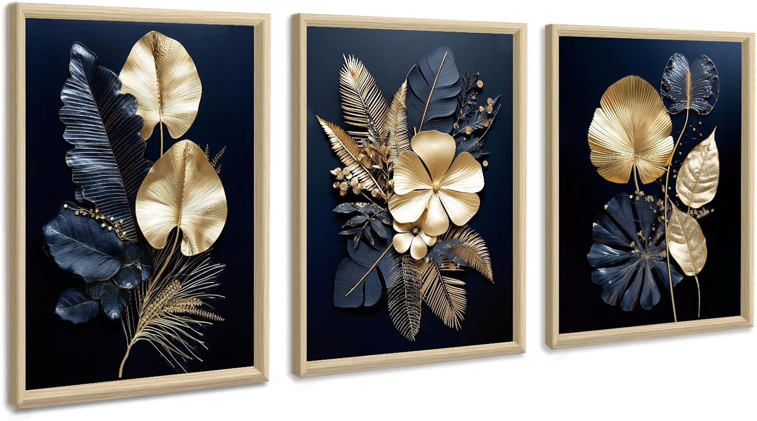 FajerminArt 3-Piece Canvas Wall Art 30x40cm Navy Gold Flowers