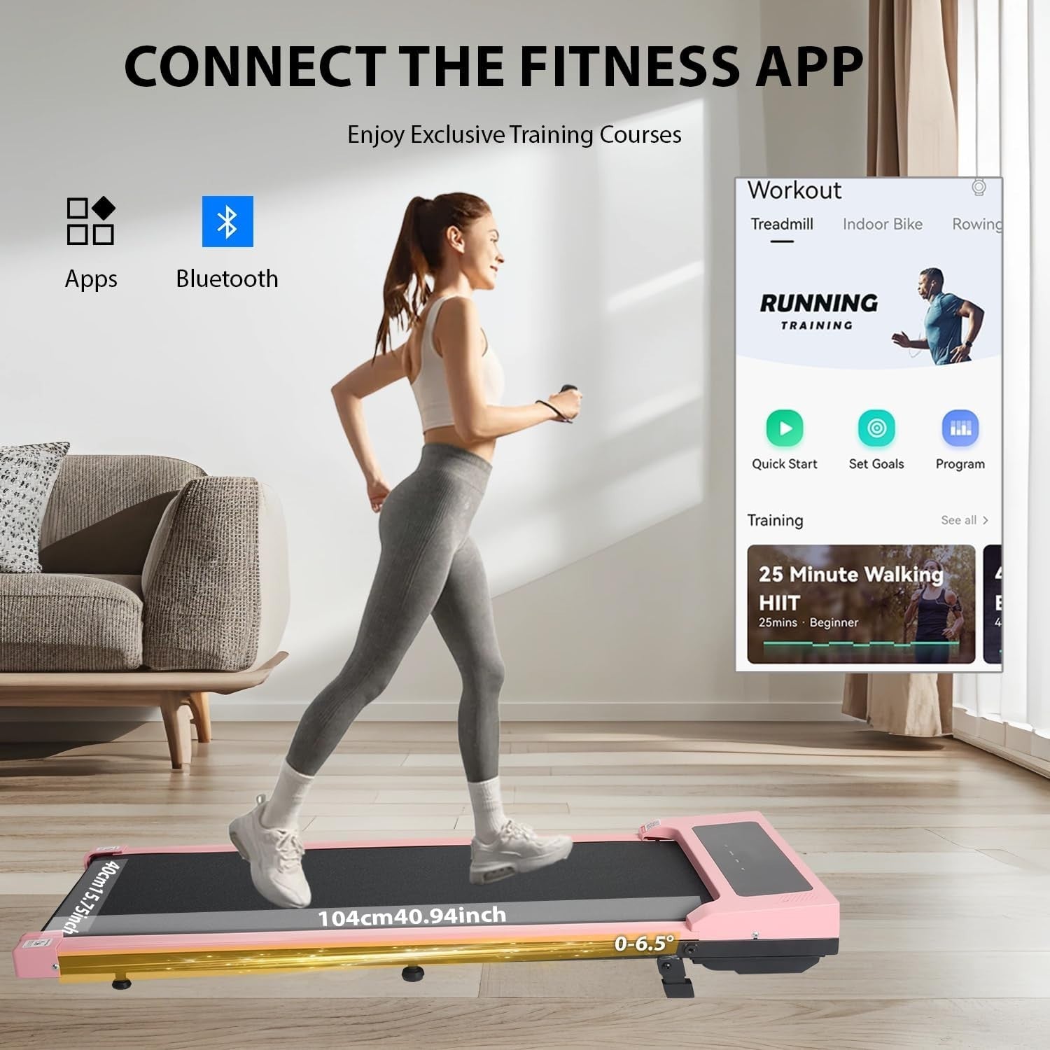 Under Desk Walking Pad 12km/h 2HP Foldable Treadmill Pink Incline Bluetooth Home