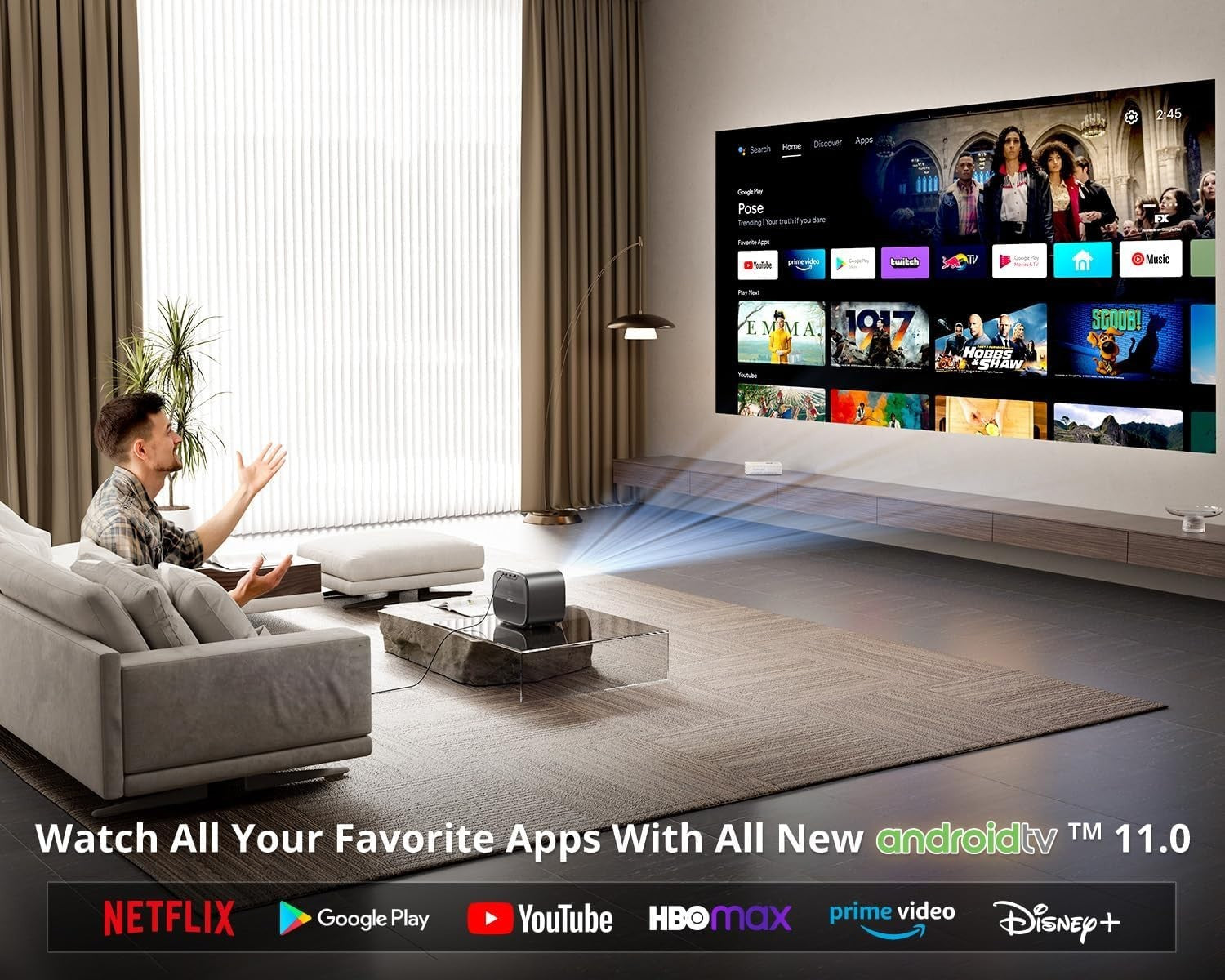Android TV 1080P Projector 600 ANSI Netflix Dolby HDR 4K Support