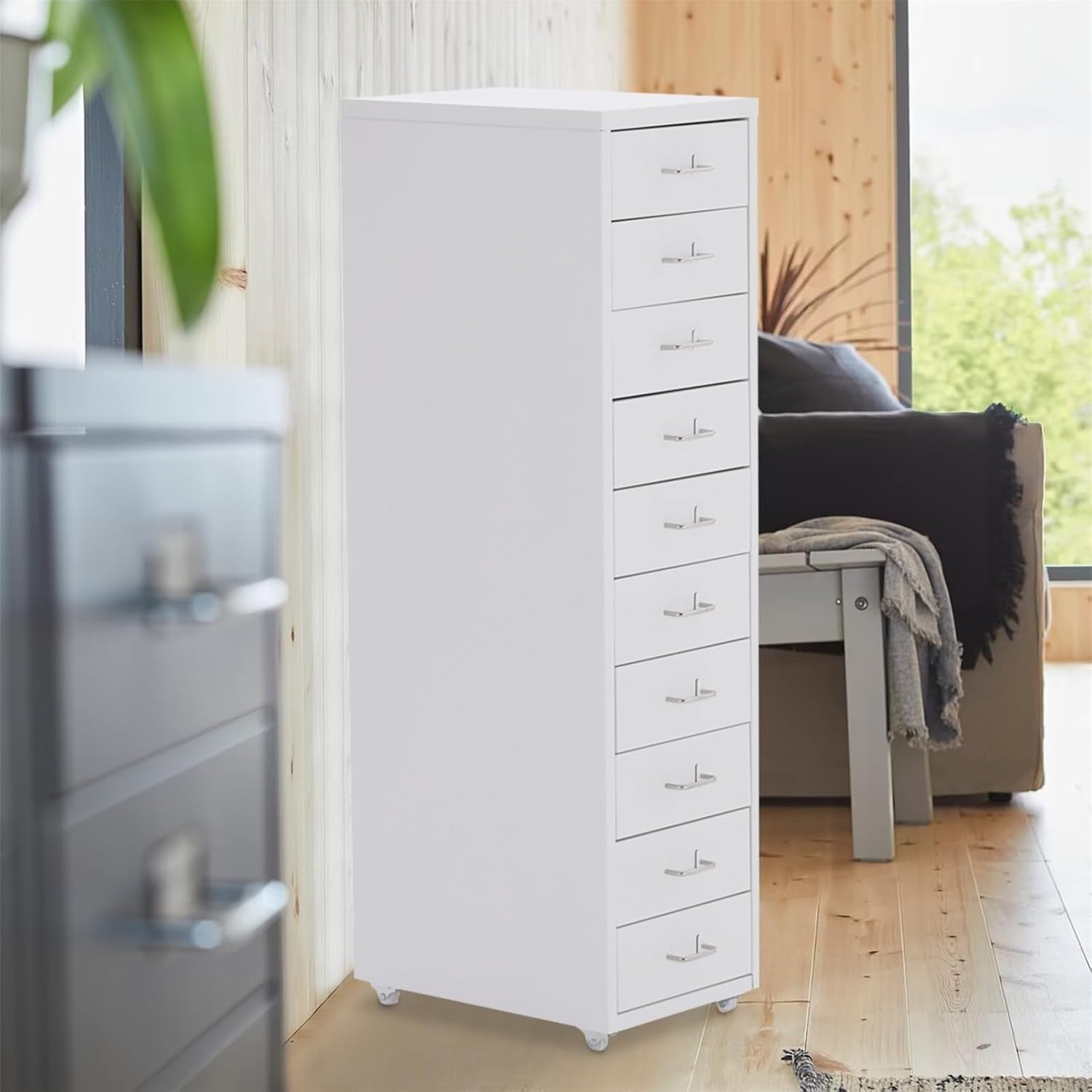 Silver White Mobile Filing Cabinet 8 Drawer 109cm Rolling Office