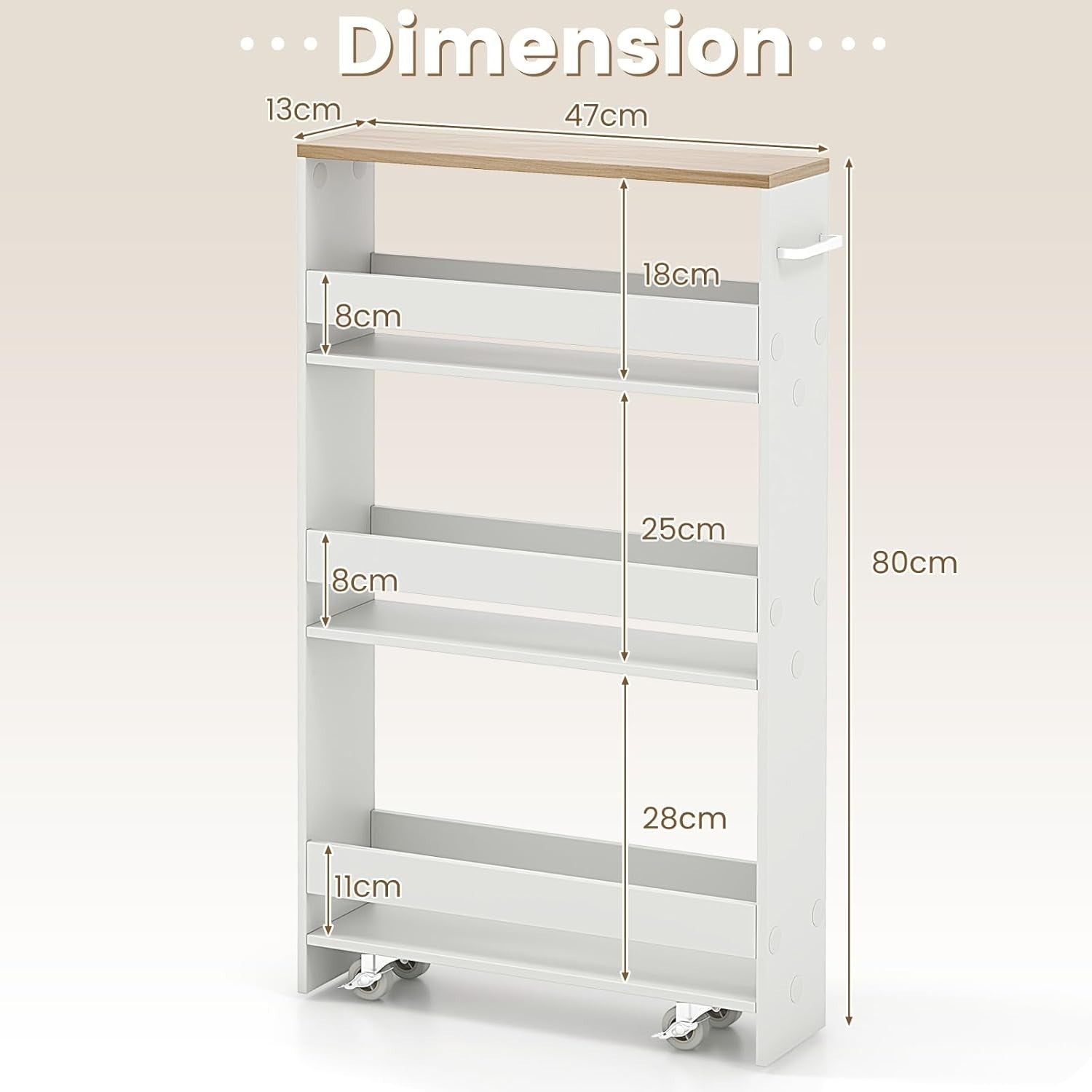 Slim 4 Tier Rolling Storage Trolley Narrow Kitchen Cart White Natural