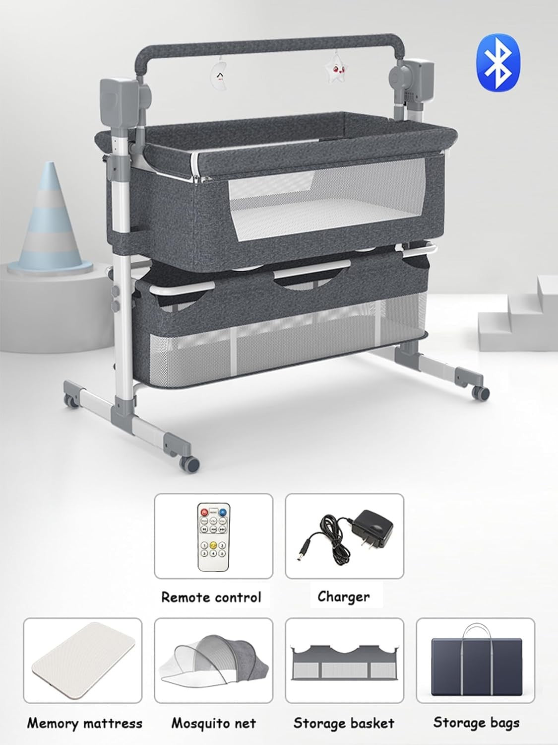 Smart Baby Bedside Crib with Music, Remote, Adjustable Height & Swing Grey