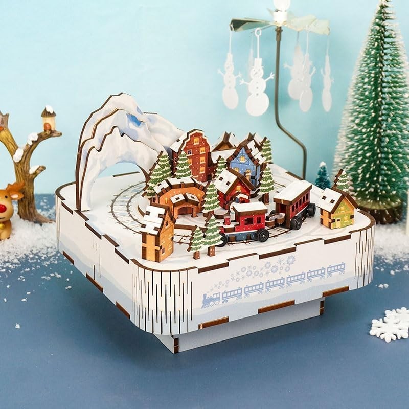 3D Wooden Snow Train Puzzle Music Box DIY Kit Gift Rotating Light-Up Decor