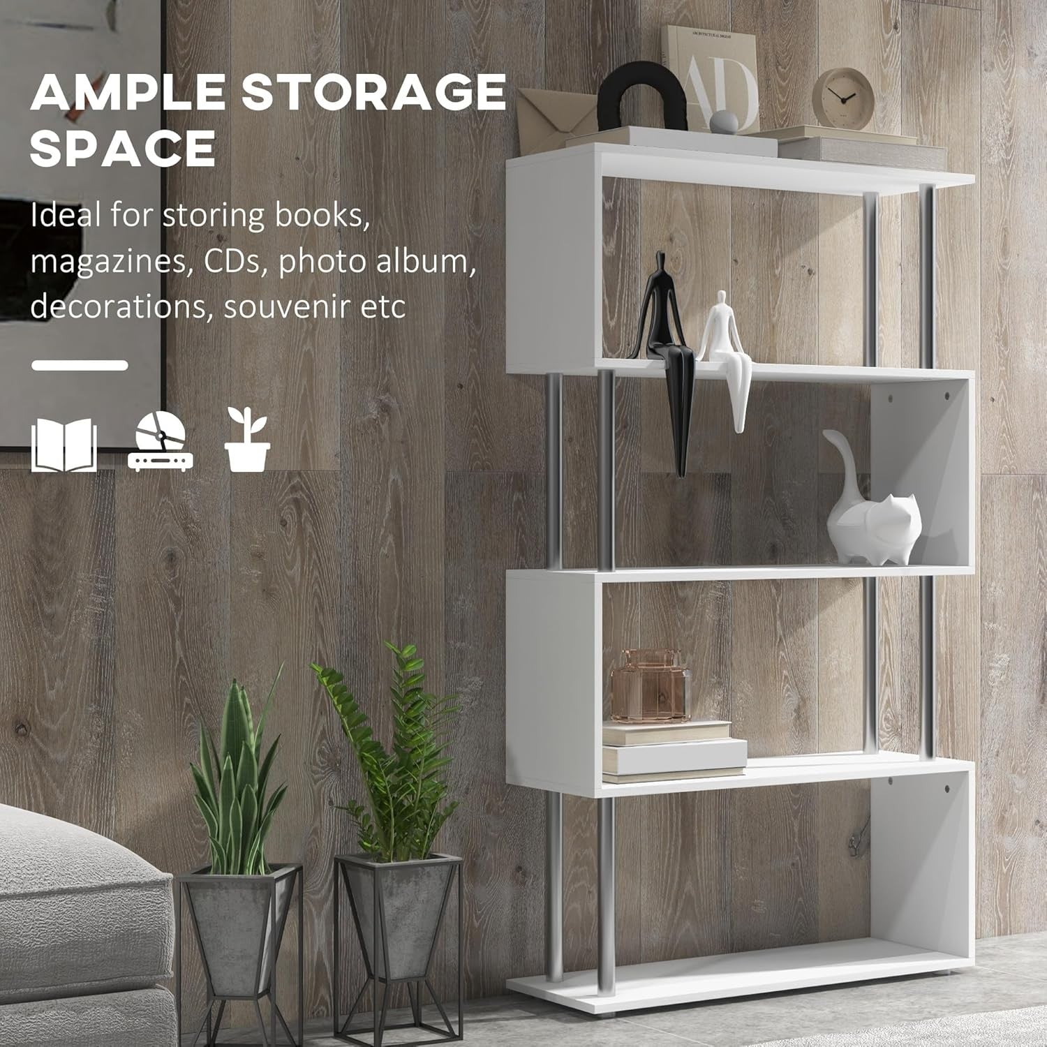 Modern S Shape 5 Tier Bookshelf Display Unit Storage Shelves for Living Room