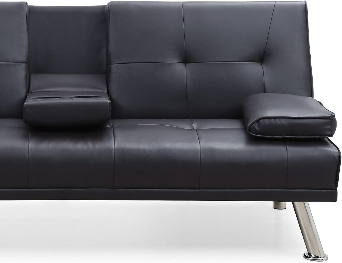 Black Leather 2 Seater Sofa Bed with Cup Holders & Storage, Compact