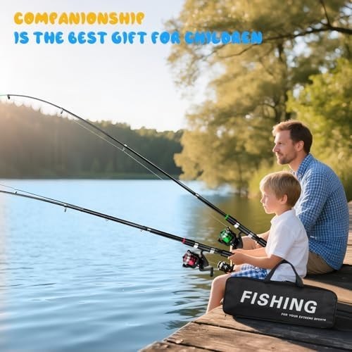 Kids Fishing Rod Set of 2 Telescopic Spinning Combo with Reel Lures Bag 1.8M