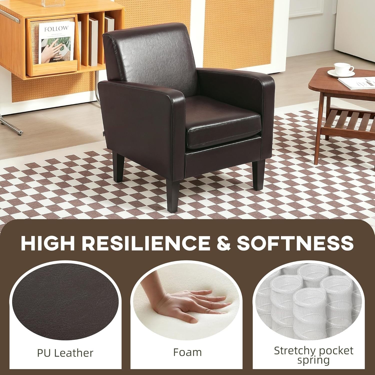 Modern Faux Leather Armchair with Eucalyptus Wood Legs | Comfortable Lounge Seat