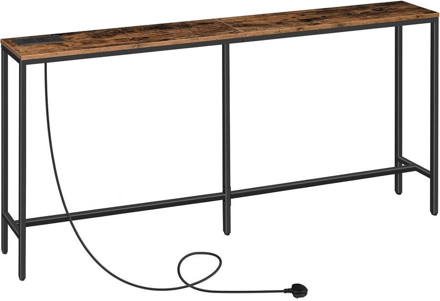 Narrow Sofa Console Table with USB & Power Strip, Rustic Wood, 180cm