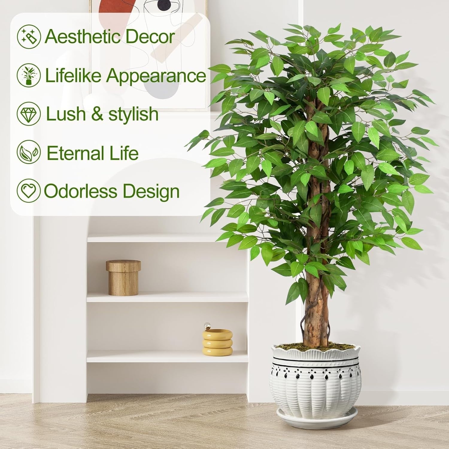 4ft Artificial Ficus Trees Set of 2 Curved Trunk Lush Green Indoor Decor Plants