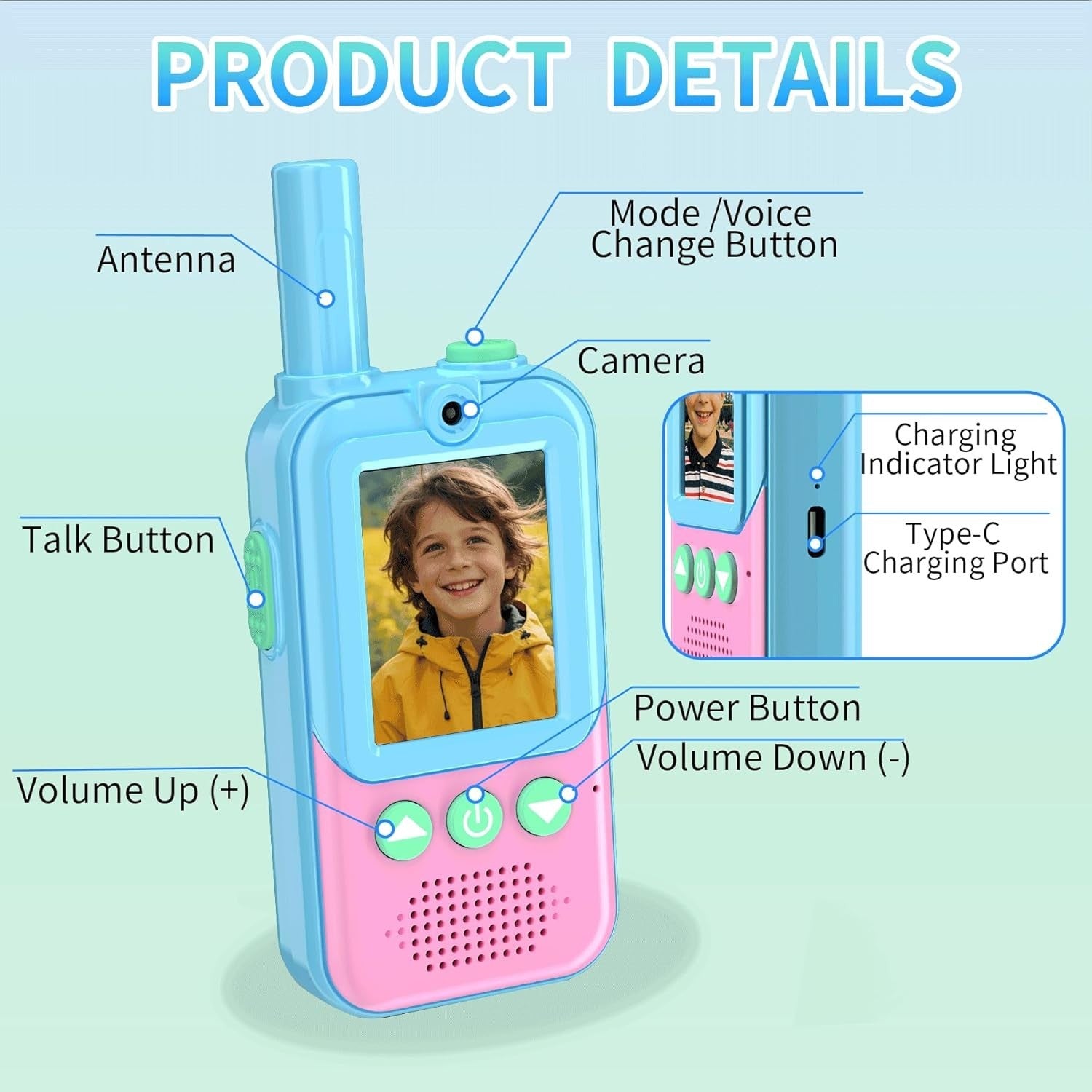 Kids Video Walkie Talkies 2 Pack Rechargeable HD Camera Voice Changer