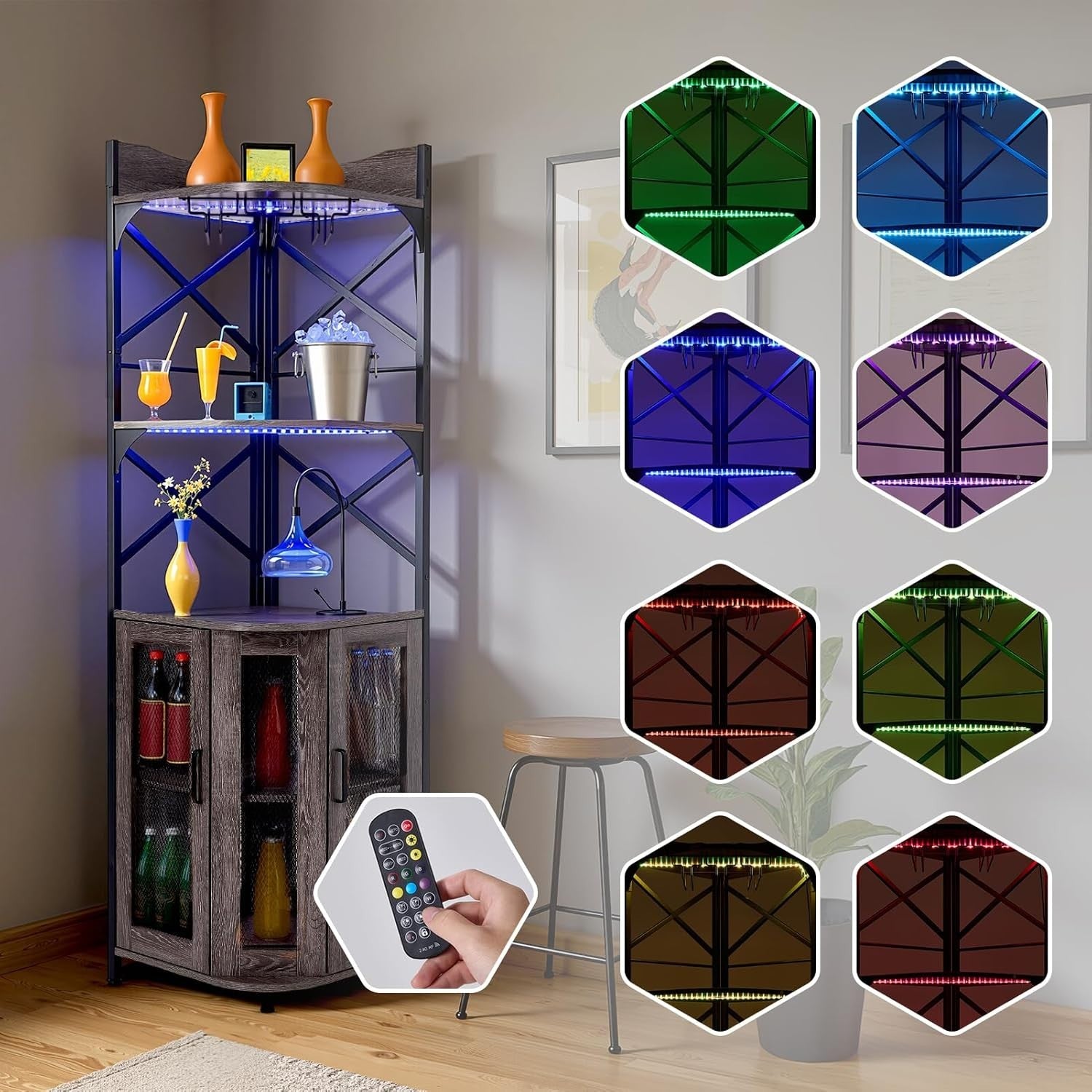 Corner Wine Rack with LED Lights & Power Socket, 5-Tier Drinks Cabinet Bar Unit