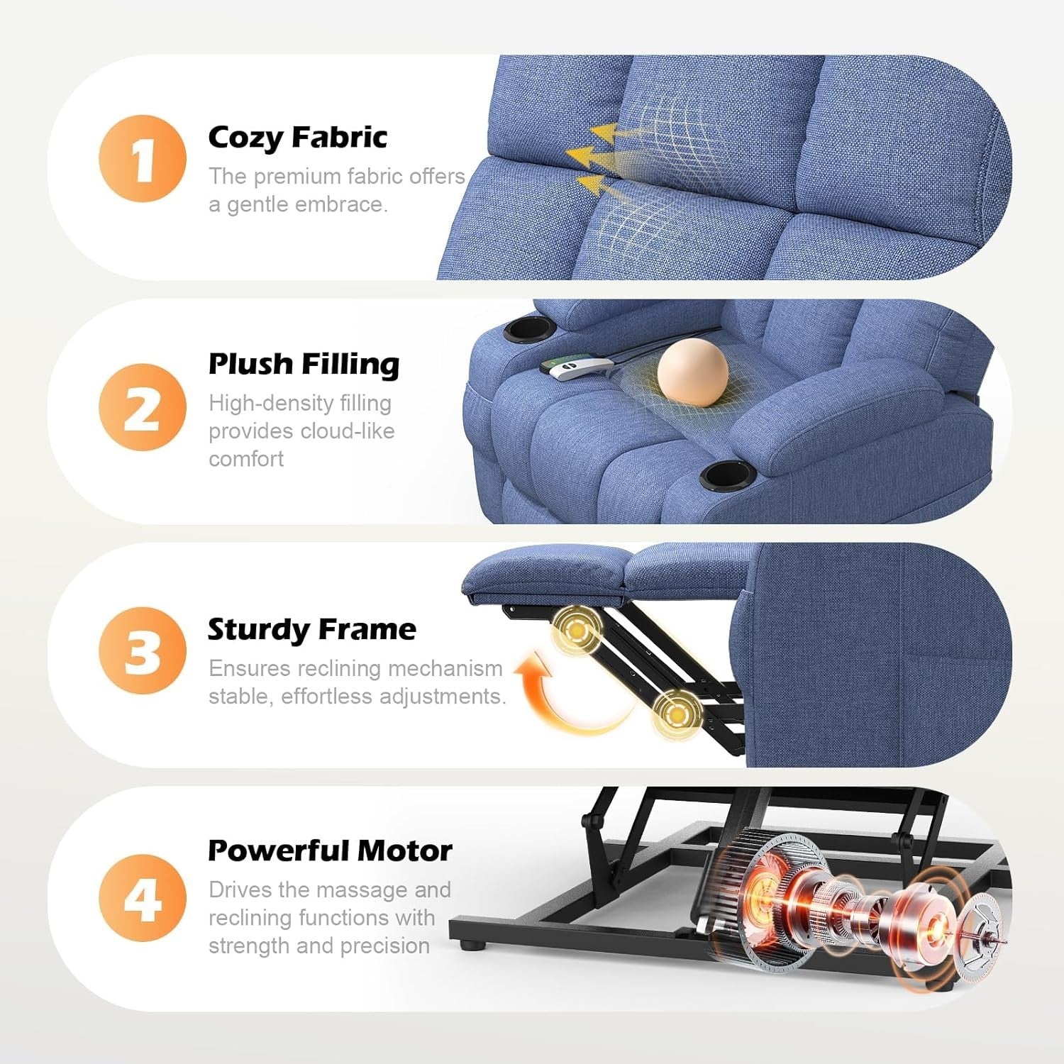 Blue Lift Recliner Chair Elderly Massage Heat USB Cup Holders Extended Footrest