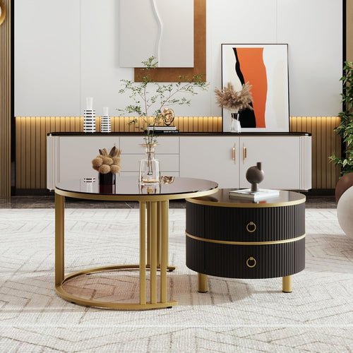 Round Nesting Coffee Table Set with 2 Drawers & Brown Glass Top – Space Saving