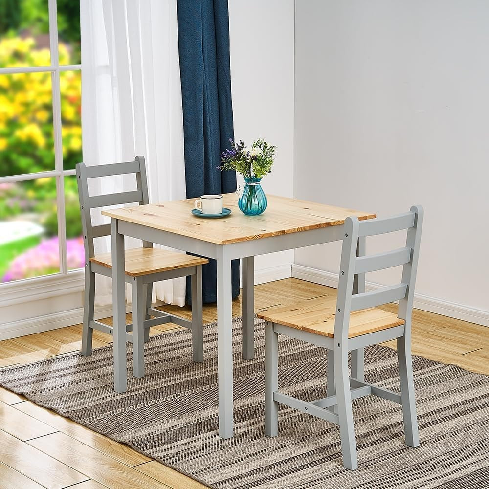 Solid Pine Dining Table & 2 Chairs Set | Durable Kitchen Furniture Grey