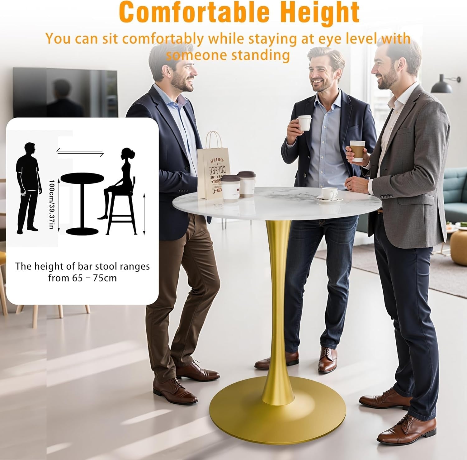 White 76cm Round Tall Bar Table 100cm Sintered Stone Top with Gold Metal Base