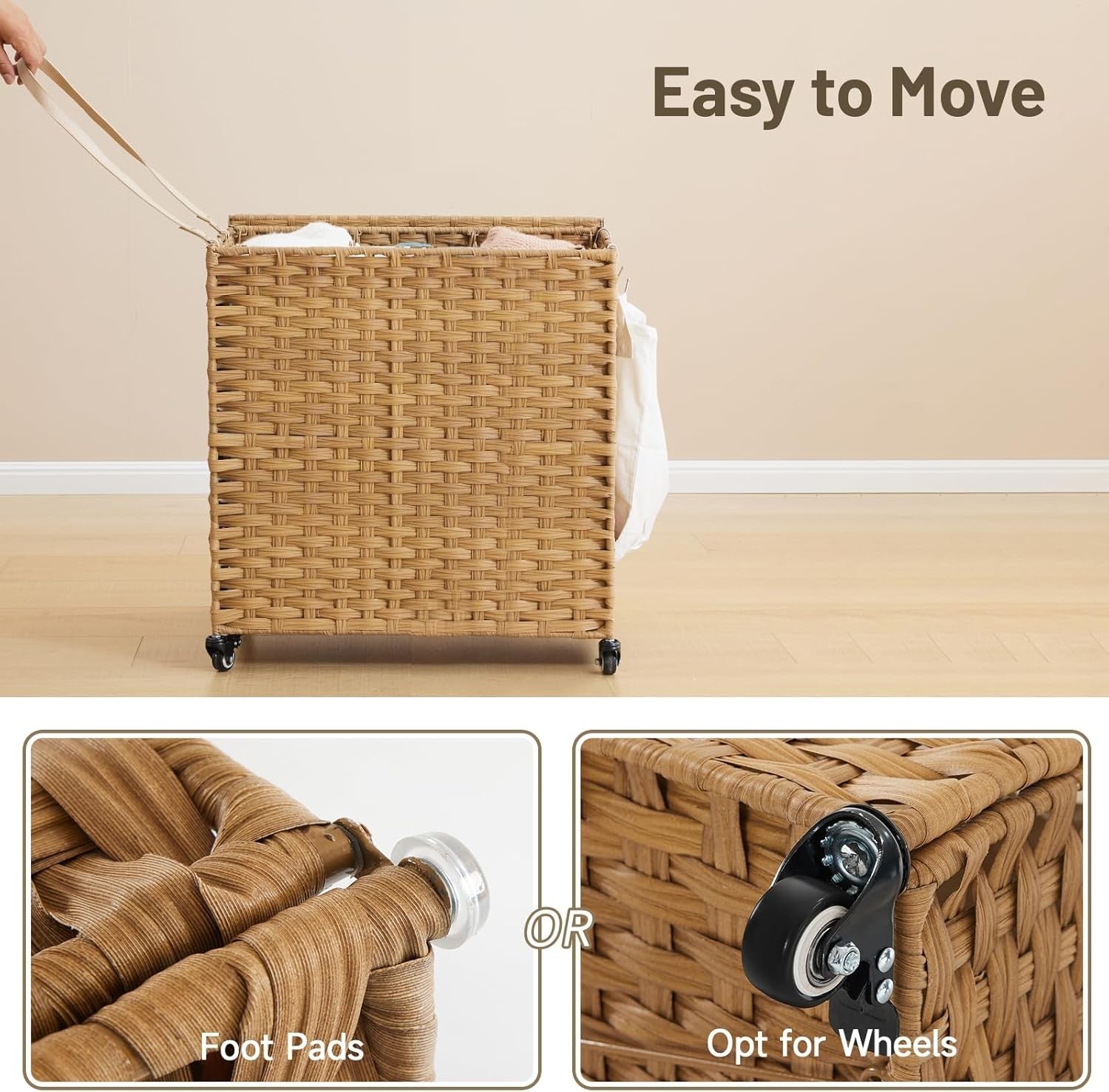 Large 150L Rattan Laundry Hamper on Wheels 3-Section Sorter with Lid & Bags
