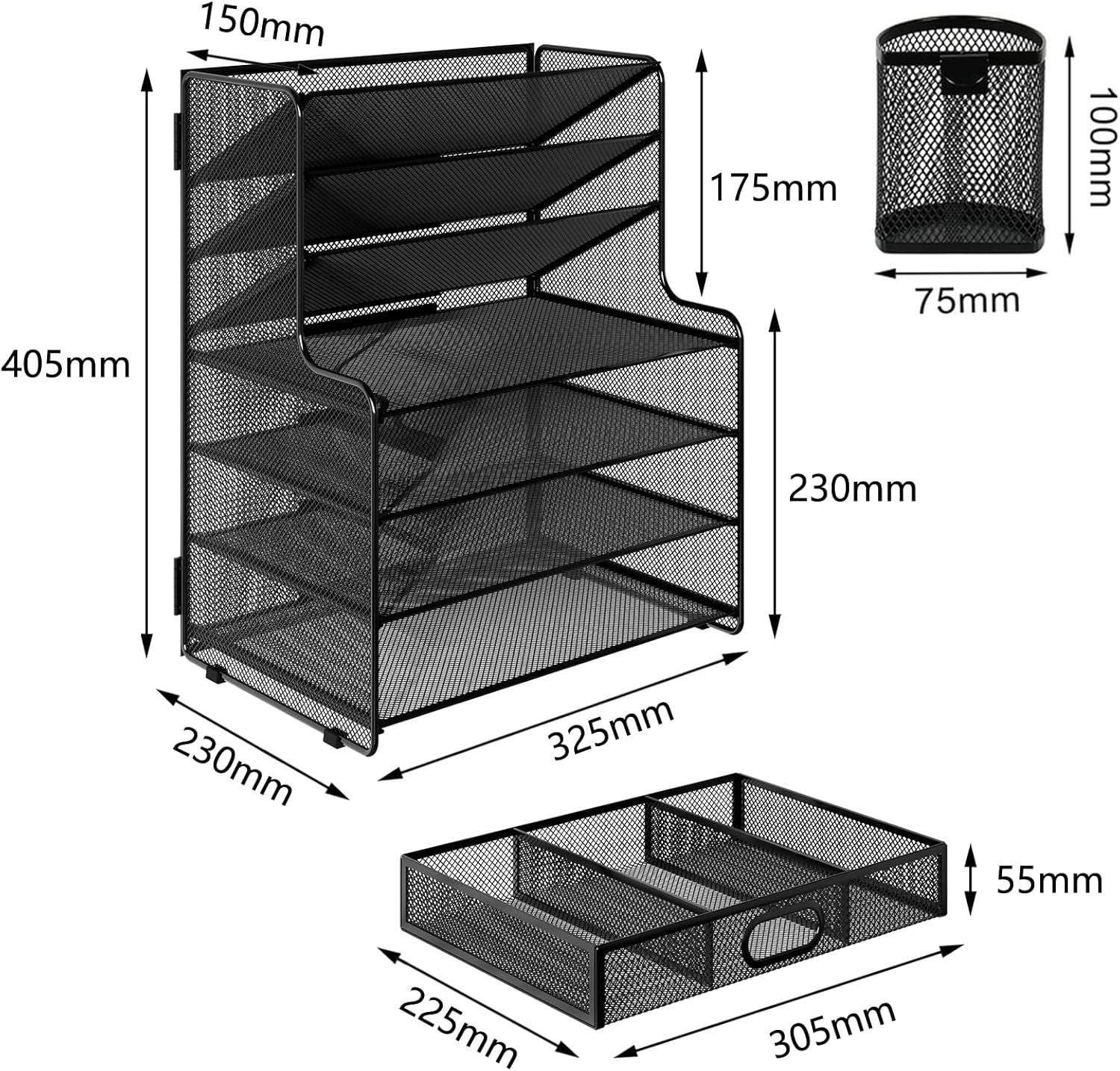 7-Tier Letter Tray Desk Organiser with Drawer, Magazine & A4 Paper Holder, Black