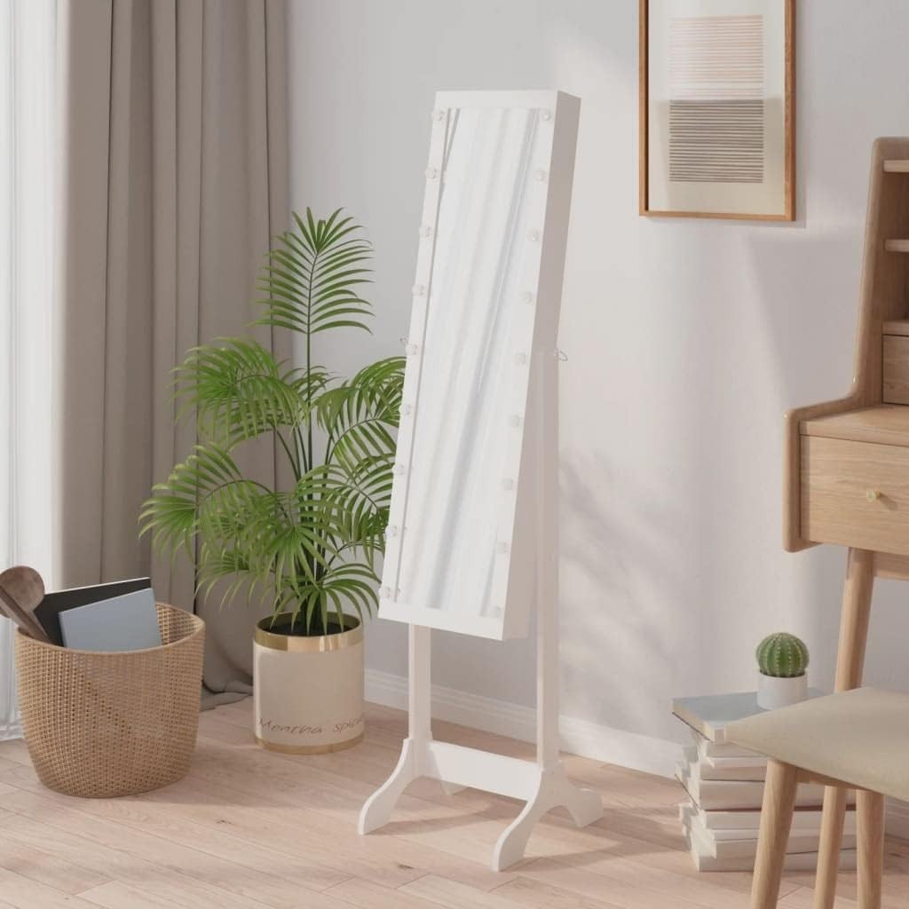 LED Standing Mirror Jewelry Cabinet Tilt Adjustable Storage Armoire White