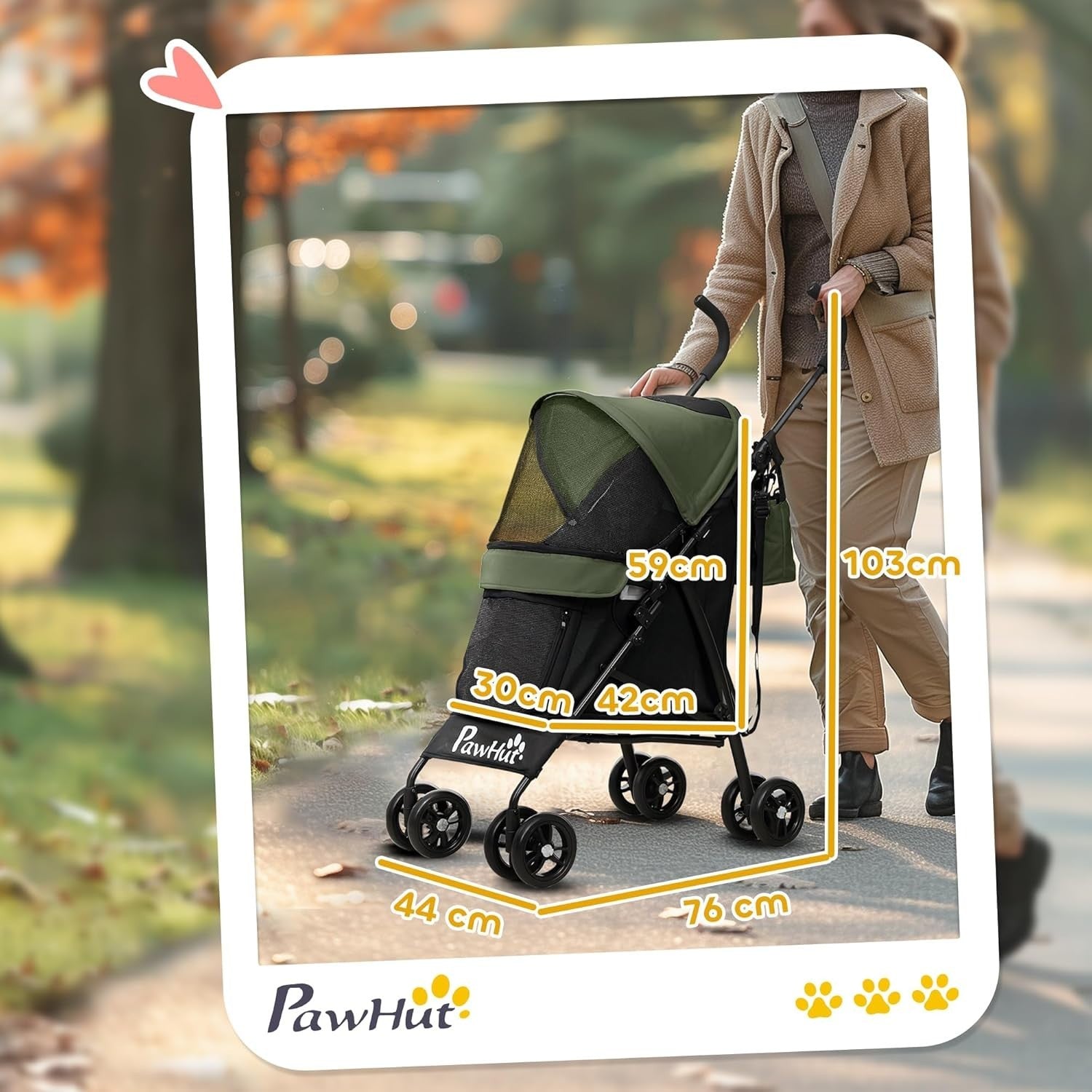 Lightweight Dog Stroller Foldable Pet Pram with Strap Cup Holder Green