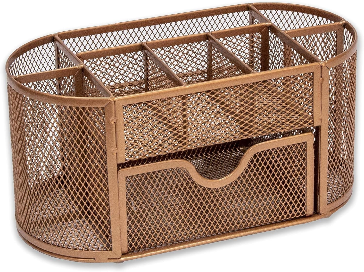 8-Compartment Rose Gold Desk Organiser with Drawer – Pen & Stationery Tidy