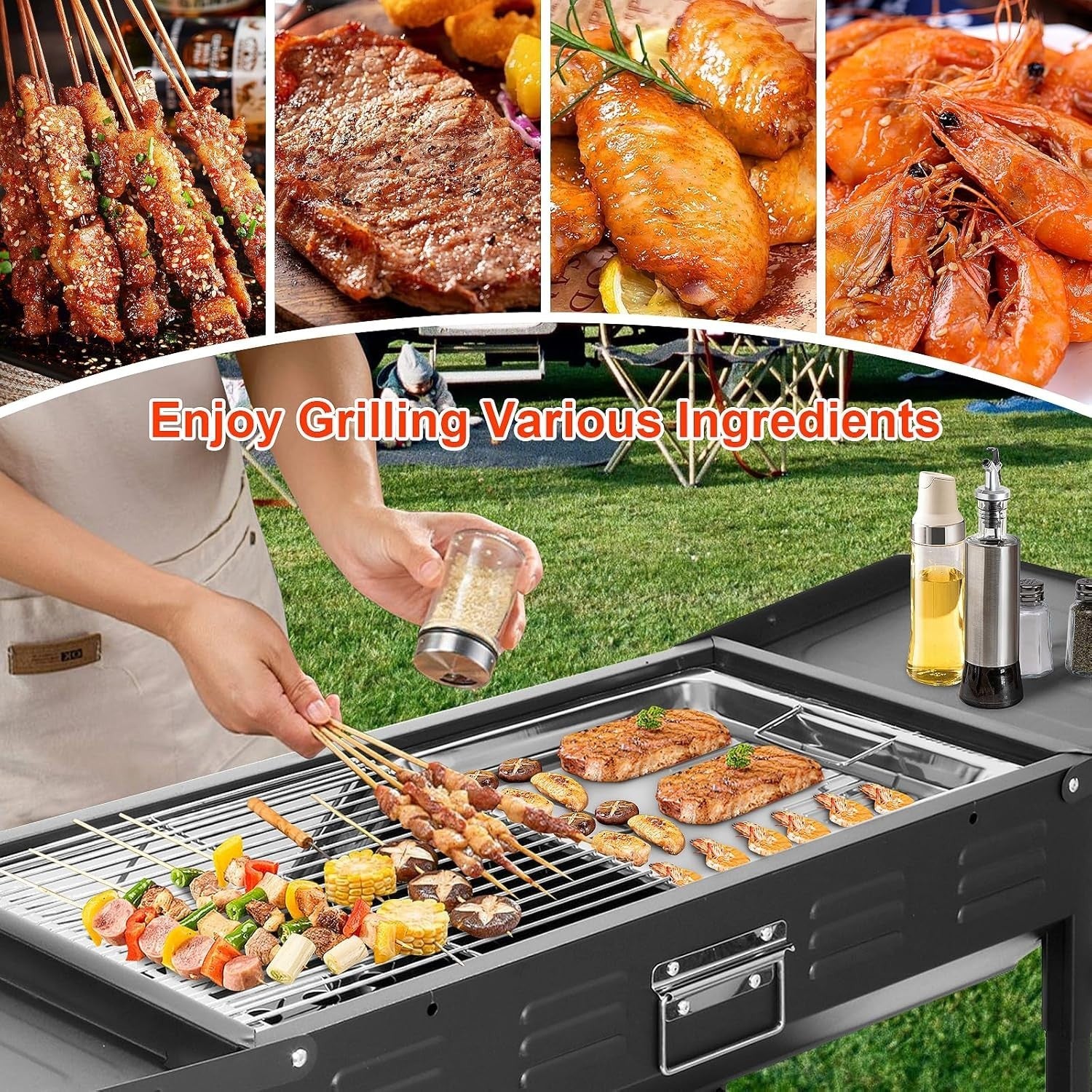 Portable Charcoal BBQ Grill with Storage Shelf Adjustable Height Outdoor Camping